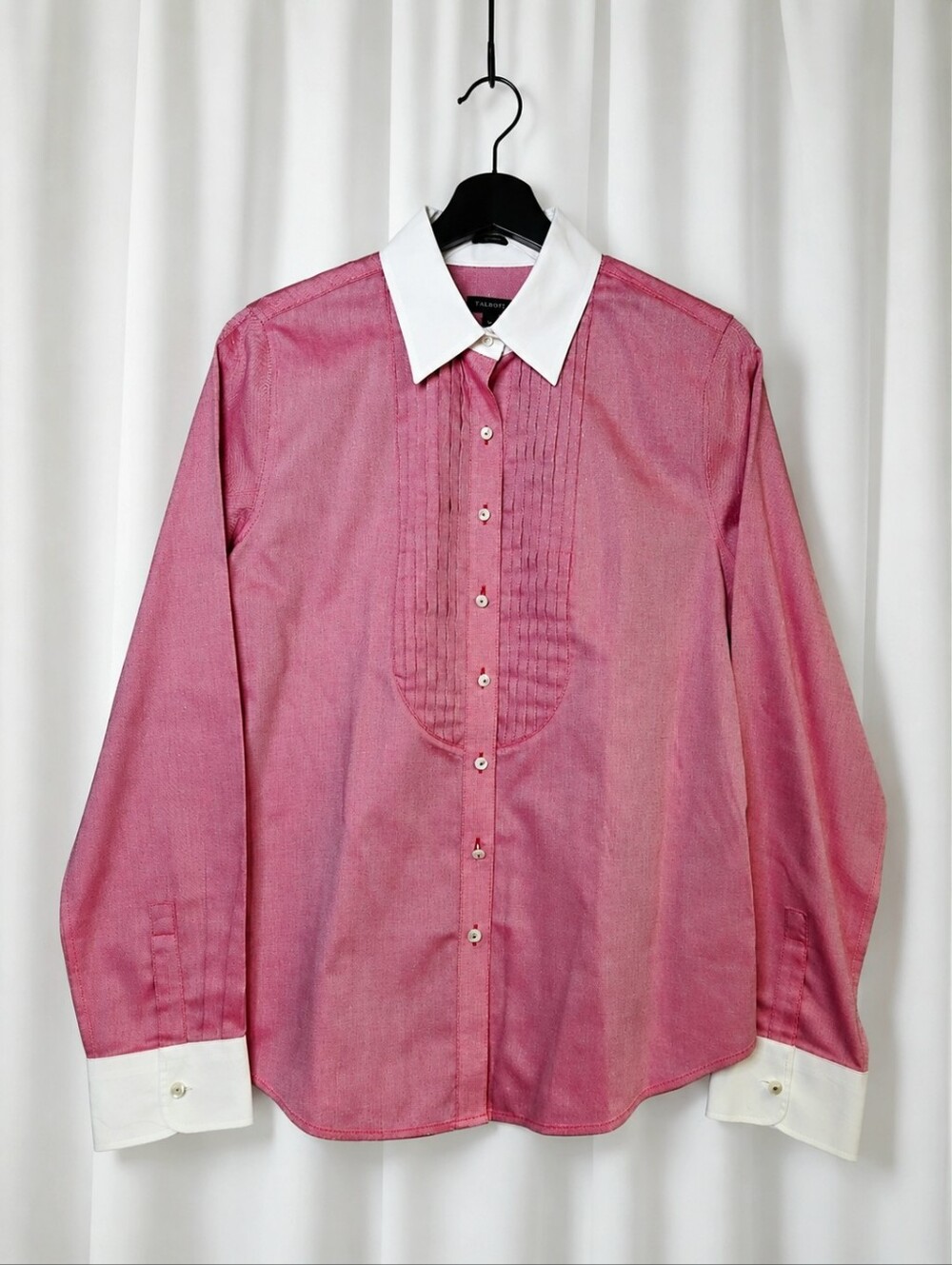Talbots Tuxedo Pintuck Contrast Collar Cotton Winkle Resistant Blouse Rosy Red